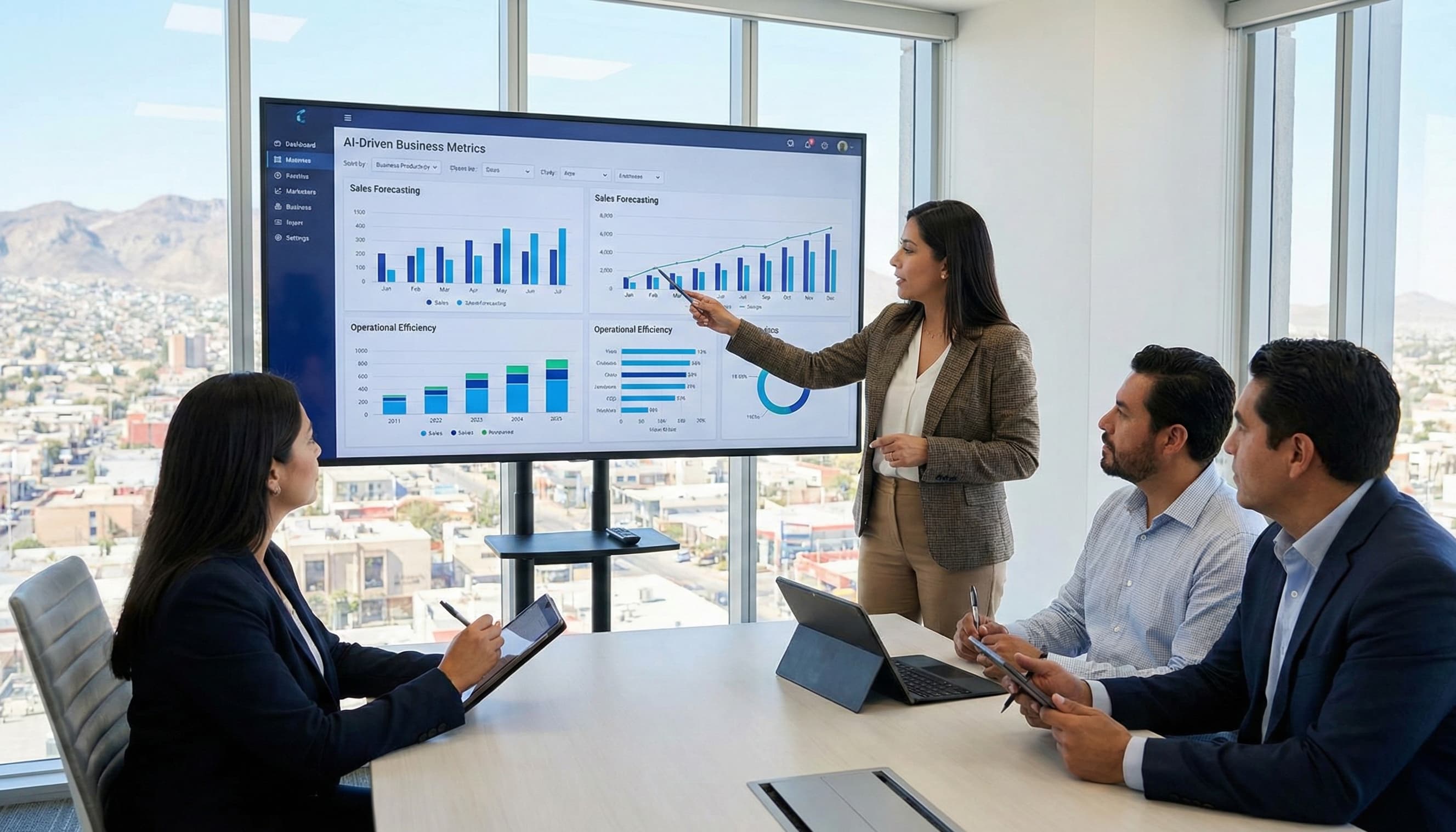 Equipo de trabajo usando herramientas de IA en la oficina